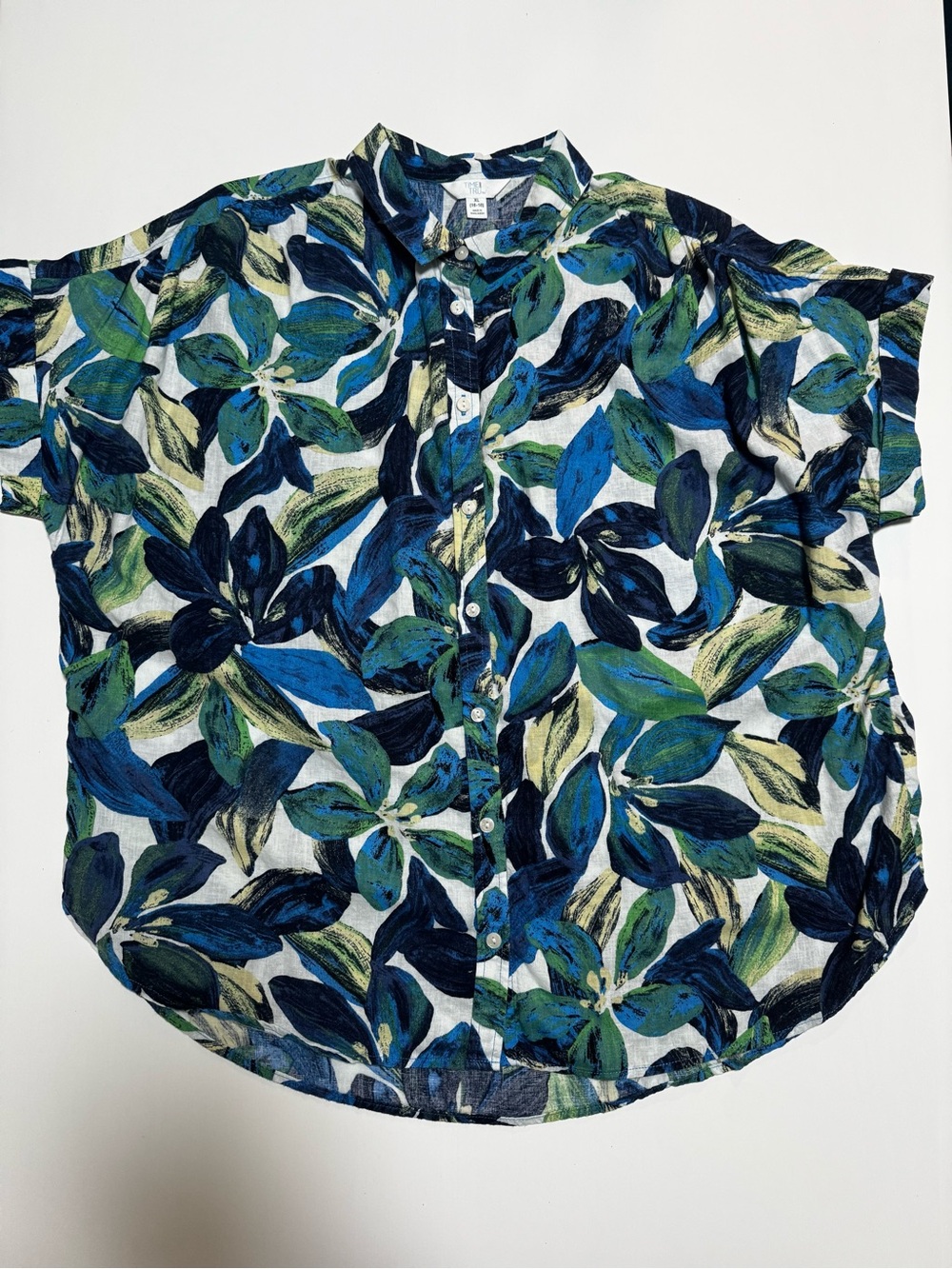 Time and Tru Women’s Floral Collared Linen Lyocell Button-Up Top, XL